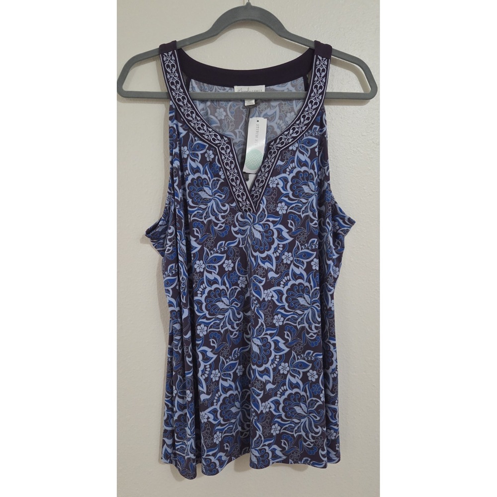 Magnolia Grace Women's XXL Blue Floral Embroidered Tank‎ Tunic Blouse V-neck NWT